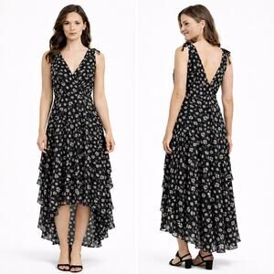 Farrow Black Floral Ruched Tiered High Low Midi Maxi Dress S Cottage Festival